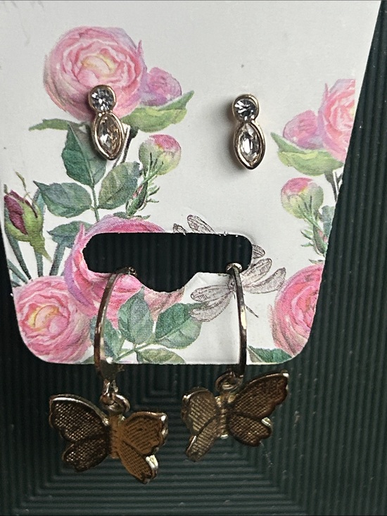 Jewelry - Gold Butterfly Hoop Earrings and Crystal Stud Set - Women's Jewelry